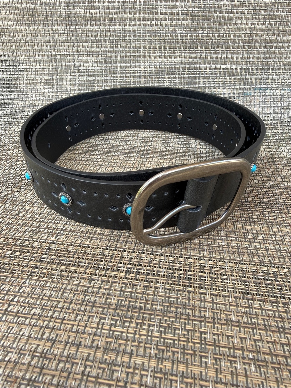 Faded Glory Black Leather Belt with Turquoise Accents